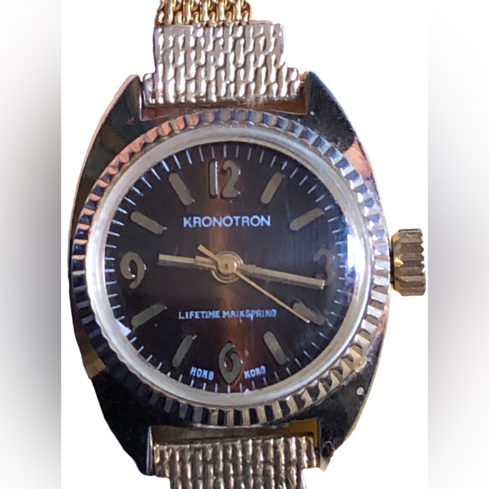 Vintage Kronotron Electra mechanical wind Watch round brown Dial gold tone